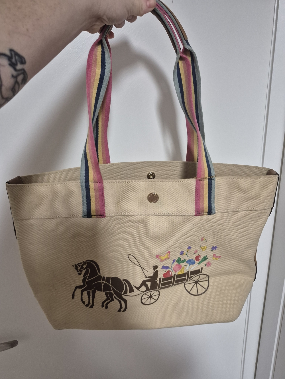Coach Canvas Tote Bag with Horse & Carriage Print - Beige with Multicolor Straps